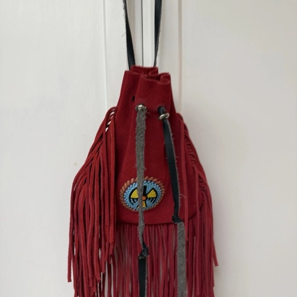 handcrafted native american Handbags - Native American Indian leather fringe bag with beaded thunderbird rosette VGUC